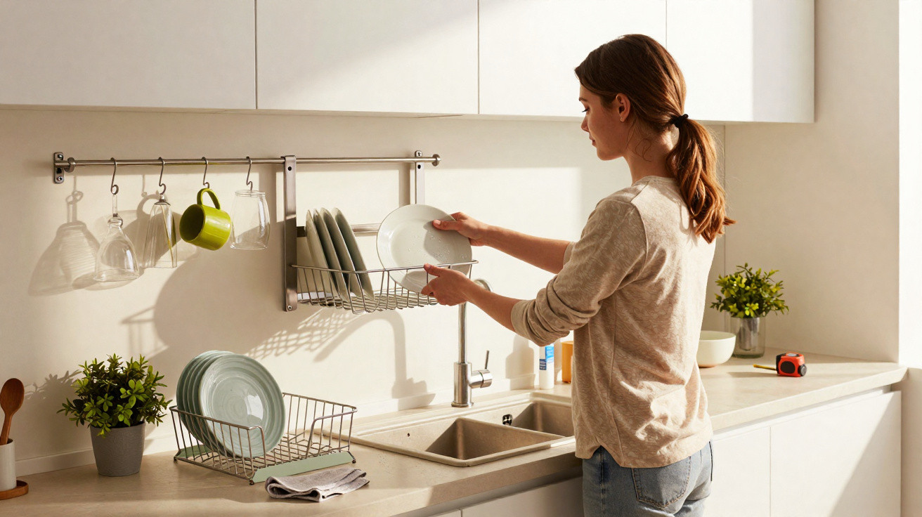 Woman placing a plate on a wall-mounted drying rack above a kitchen sink in a bright, modern kitchen.