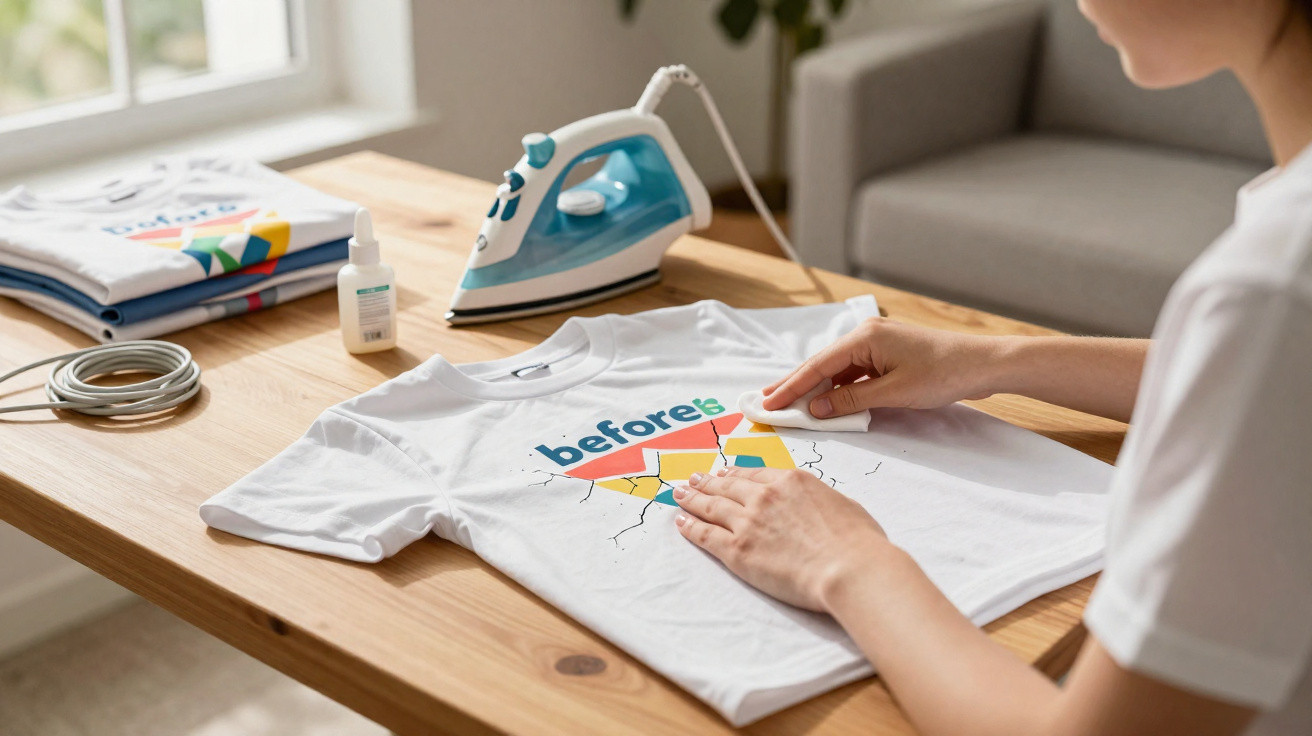 Person applying a transfer design onto a white t-shirt on a wooden table with an iron nearby.
