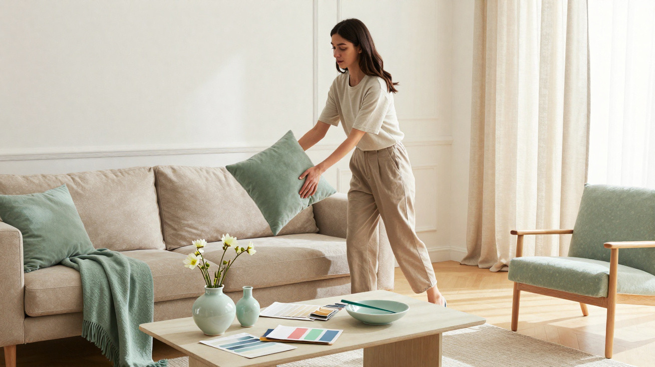 Woman placing a green cushion on a beige sofa in a bright, modern living room with wooden furniture.
