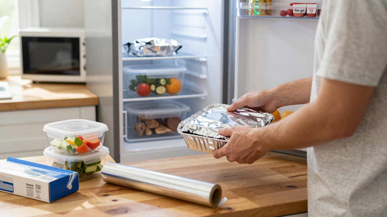 Person placing a foil container into a fridge with plastic wrap and vegetable containers on a wooden kitchen counter.