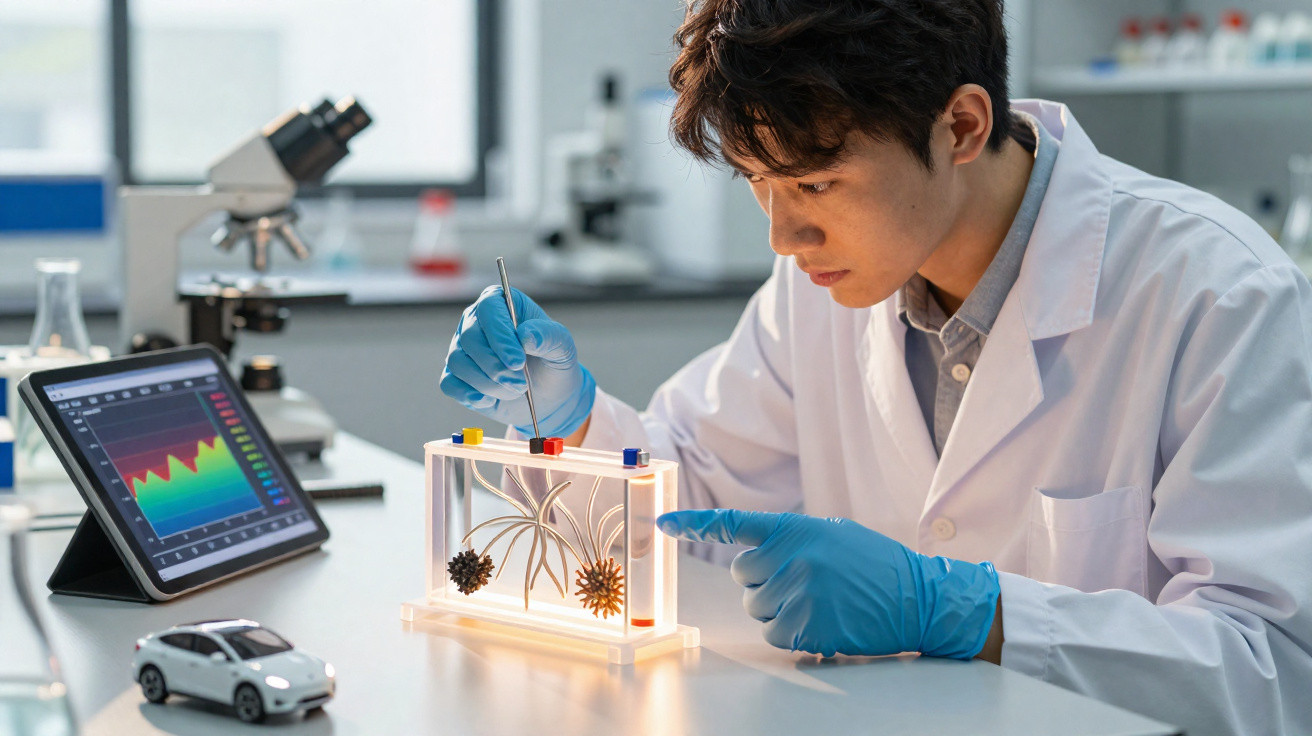 Scientist in a lab coat and gloves examining virus models with a tablet and microscope nearby.