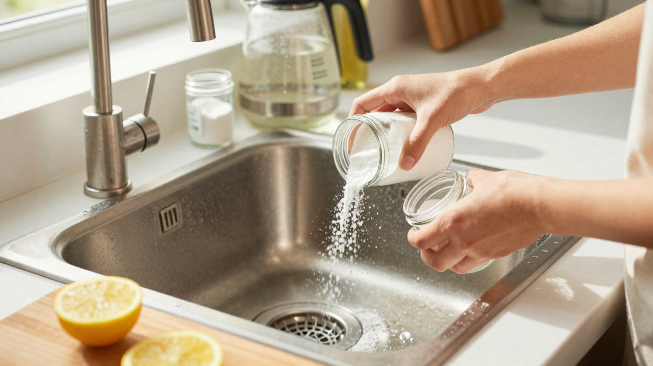 Person pouring white granulated substance from one jar into another over a stainless steel kitchen sink with lemons nearby.