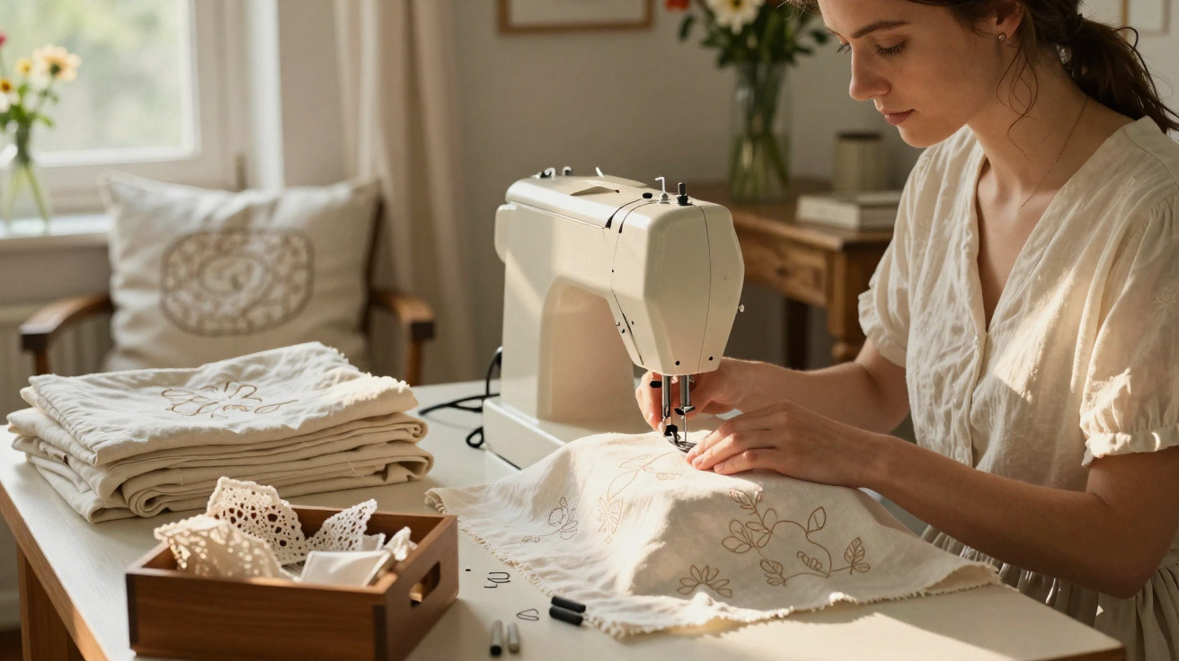 Woman using a sewing machine to stitch floral embroidery on fabric in a sunlit room.