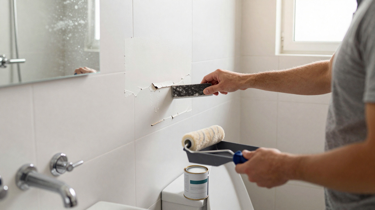 Person scraping old adhesive off bathroom wall tiles with a putty knife, holding a paint roller tray and can nearby.