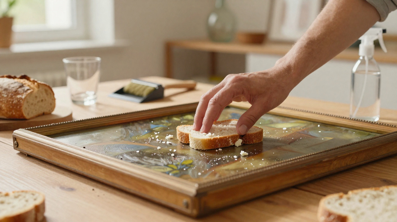 Hand placing a slice of white bread with crumbs on the back of a framed picture on a wooden table.