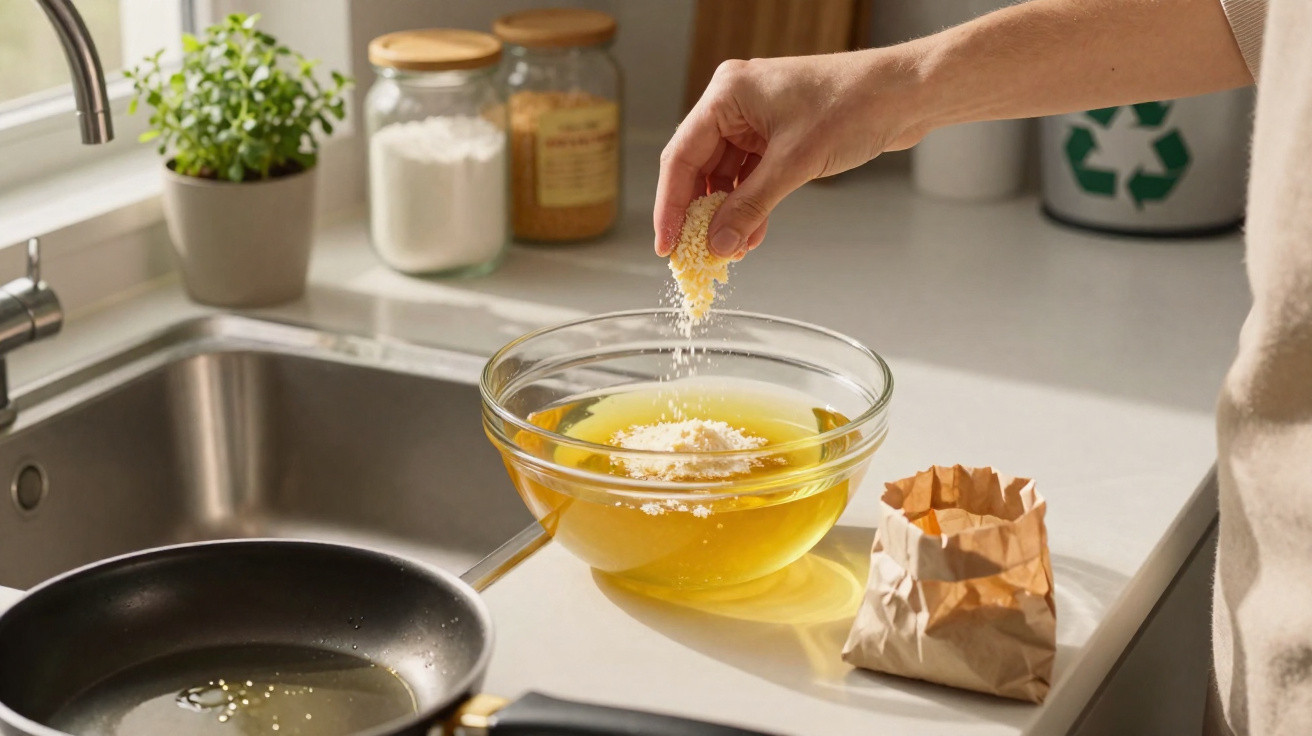 Hand sprinkling seasoning into a bowl of beaten eggs on kitchen counter near frying pan.