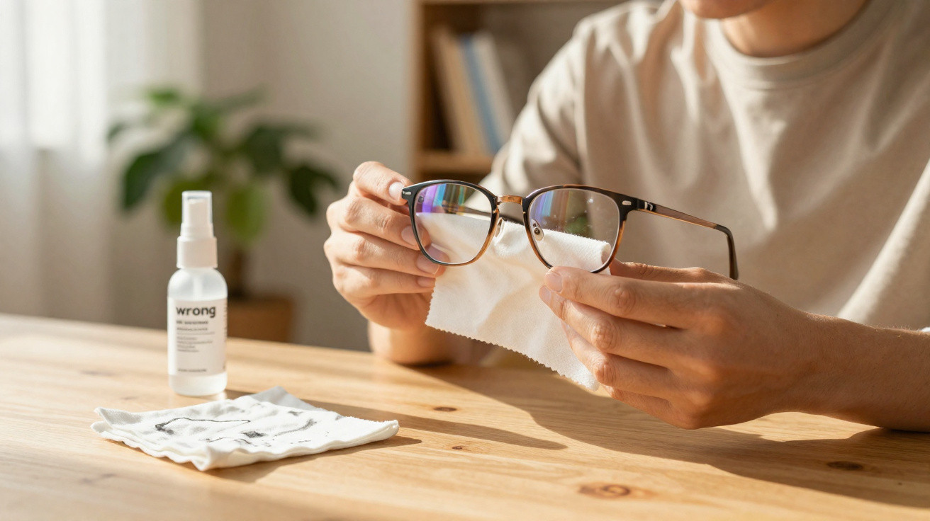 Person cleaning glasses with a cloth next to a spray bottle labelled "wrong" on a wooden table.