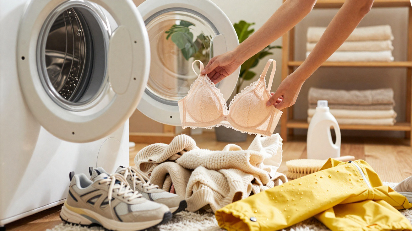 Person holding a delicate bra over beige knitted clothes beside a washing machine and sneakers in a laundry room.