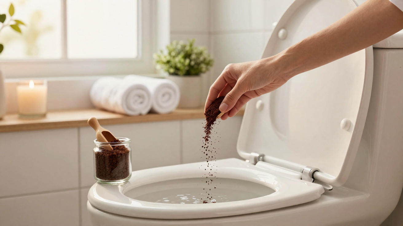 Hand sprinkling natural deodoriser powder into a clean toilet bowl in a bright bathroom.