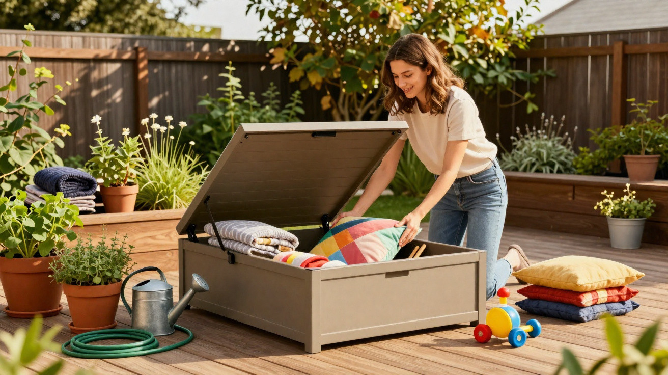 Woman organising colourful cushions and blankets in outdoor storage box on wooden deck garden area