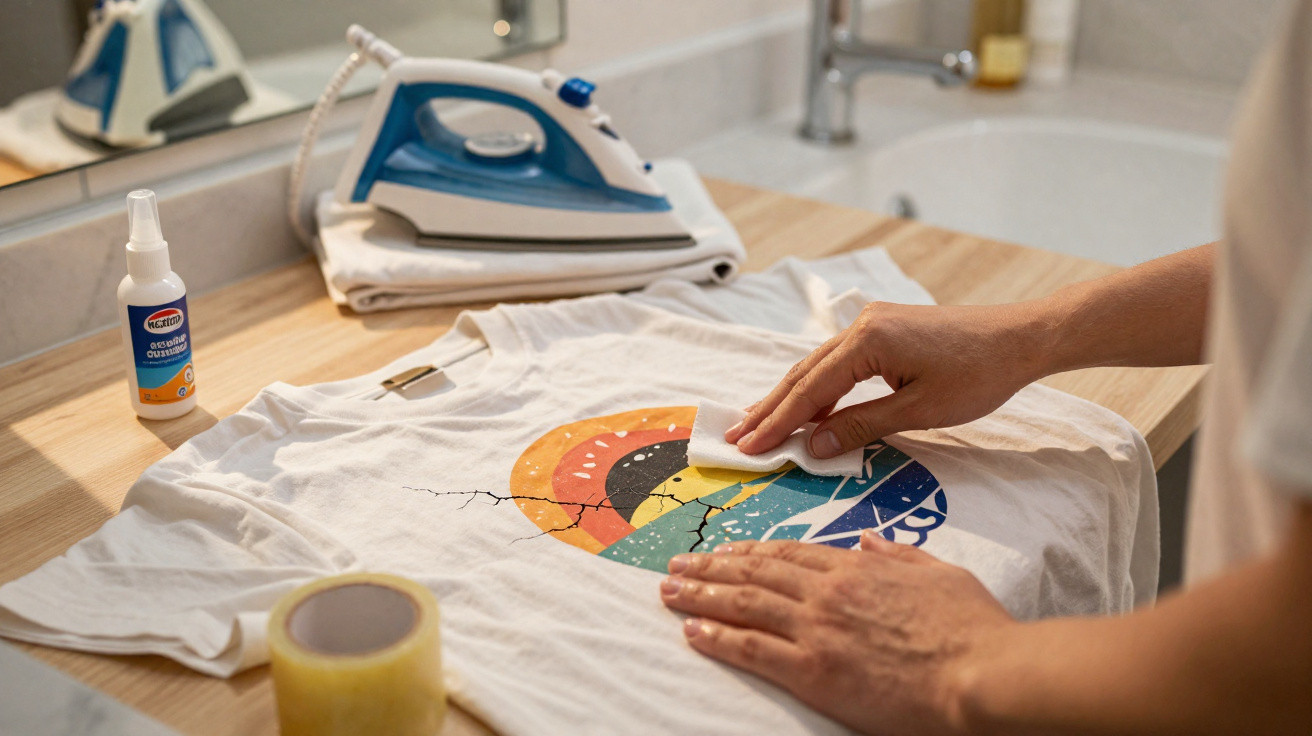 Person using a stain remover to clean a white t-shirt with a colourful design on a wooden surface.