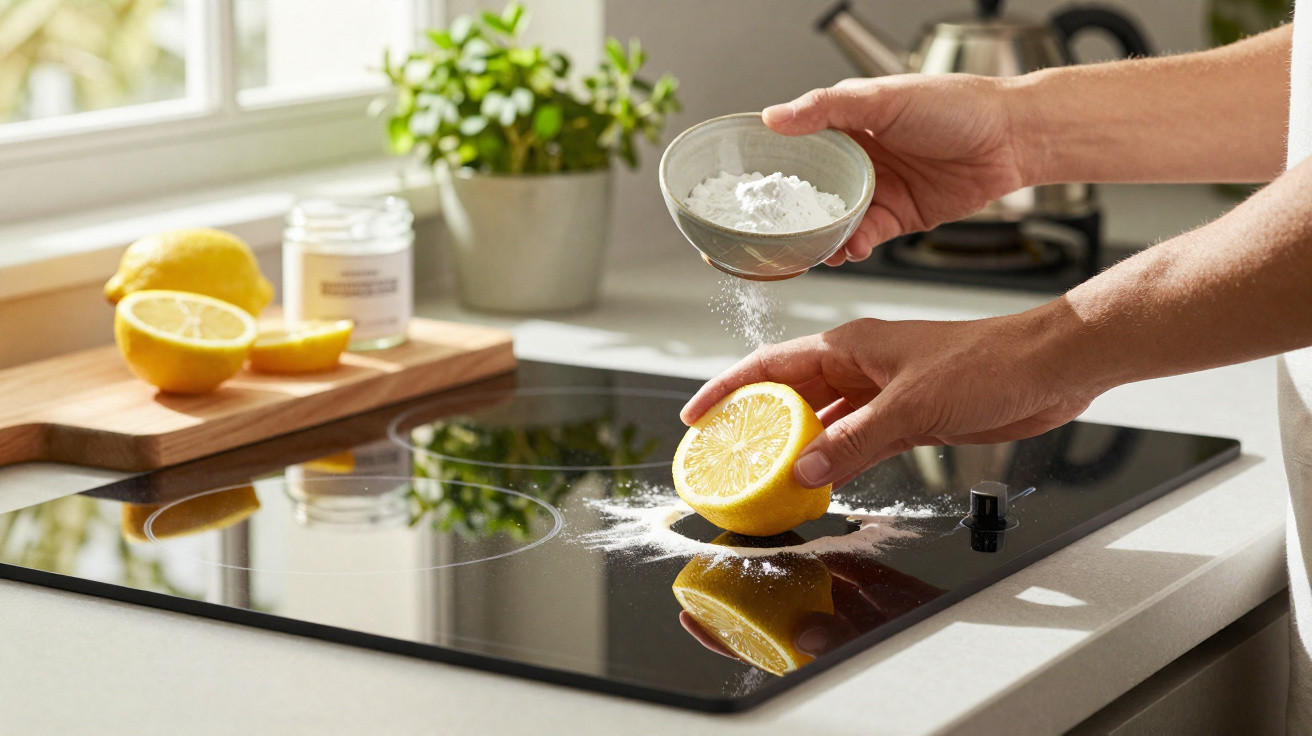 Person sprinkling baking soda on a halved lemon on a glass stovetop in a bright kitchen.