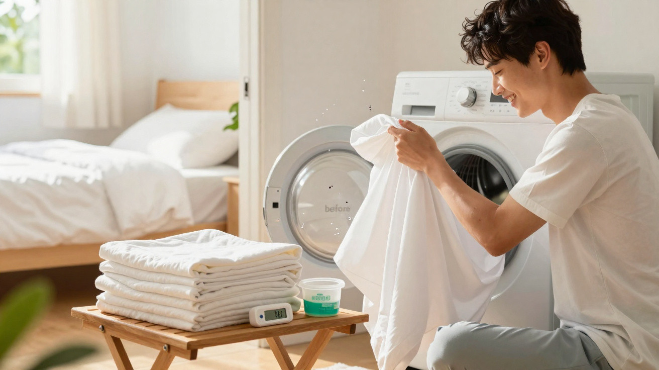 Young man smiling while folding white laundry next to a washing machine in a bright bedroom.