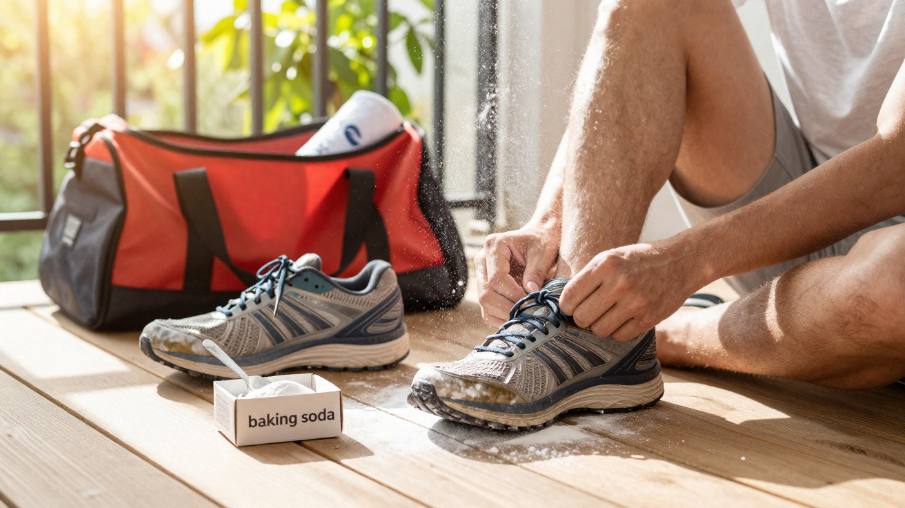 Person sprinkling baking soda inside a running shoe next to a sports bag on a wooden floor in sunlight