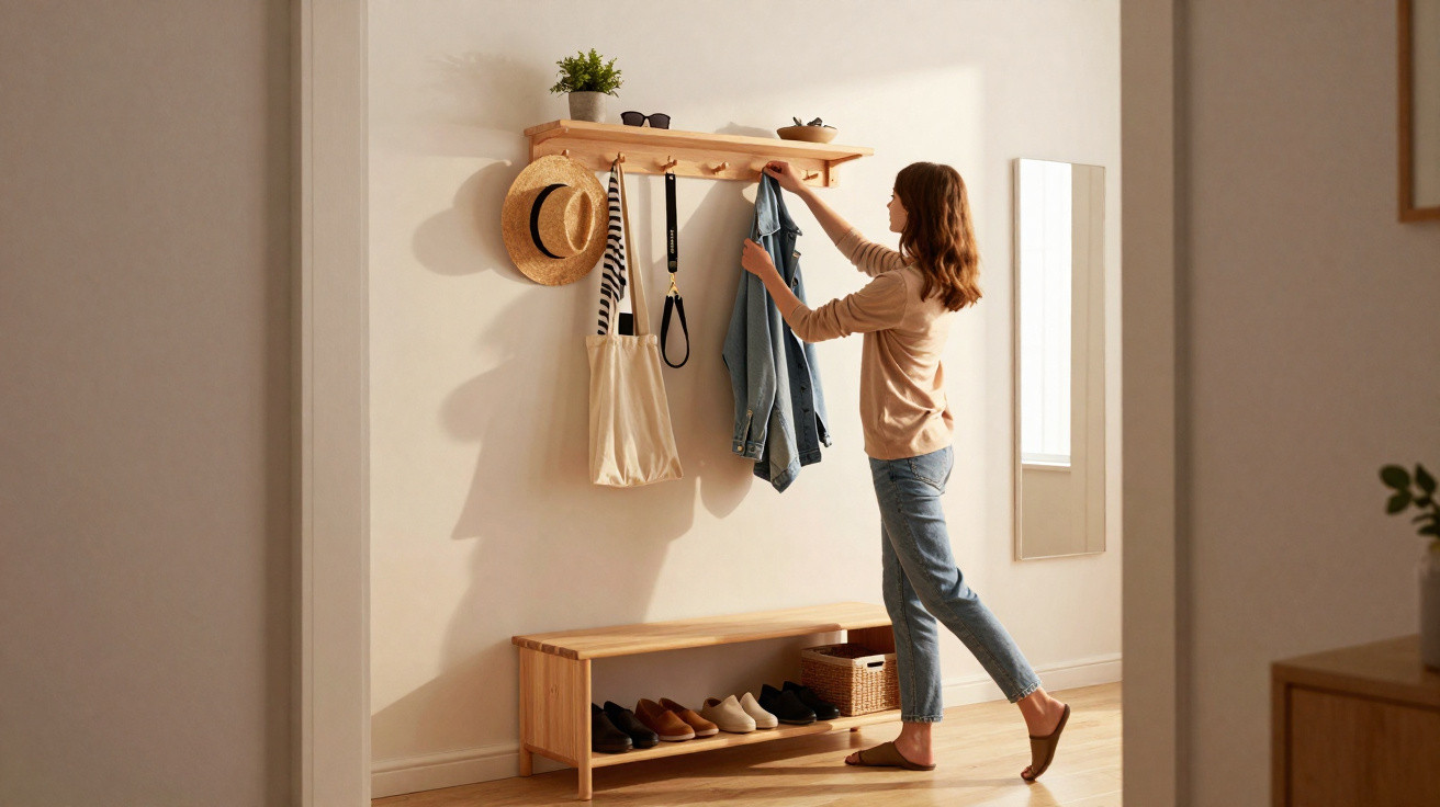 Woman hanging a denim jacket on a wooden wall rack in a bright, minimalist hallway with shoes and a mirror.
