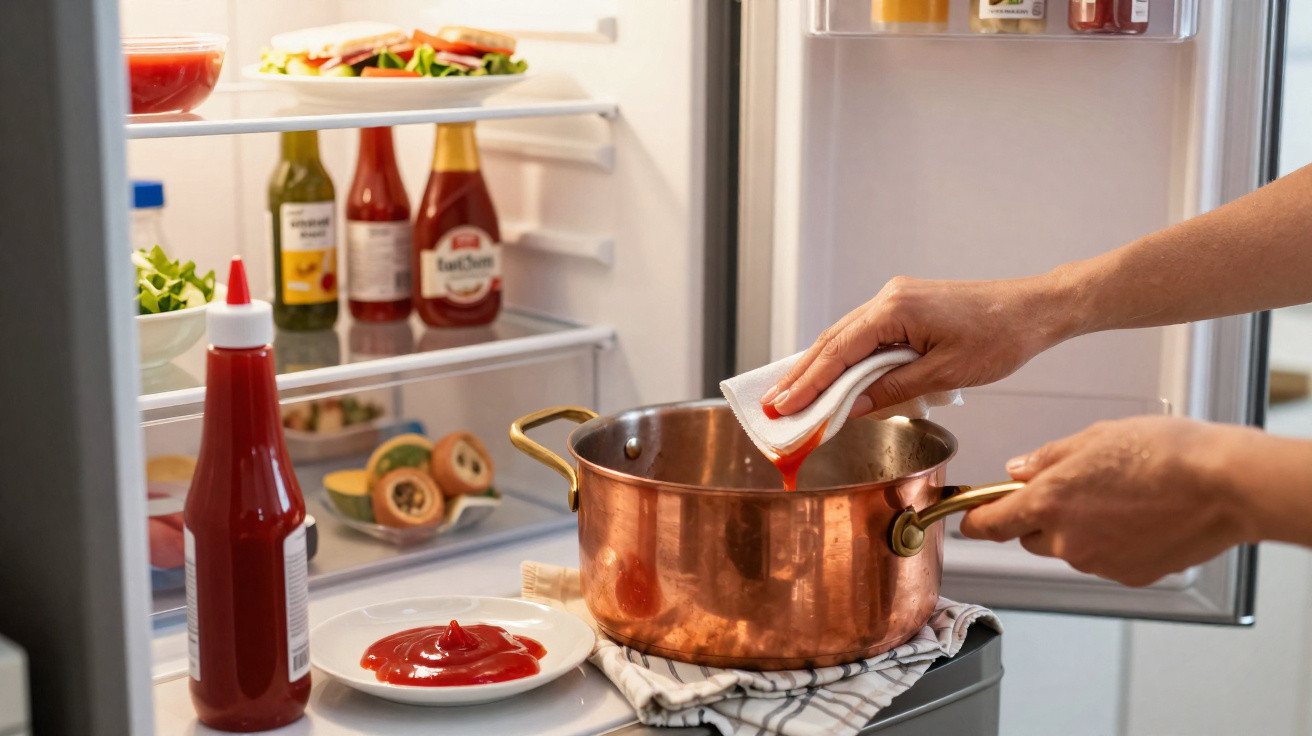 Hands wiping ketchup from a copper pot inside an open fridge with condiments and food.