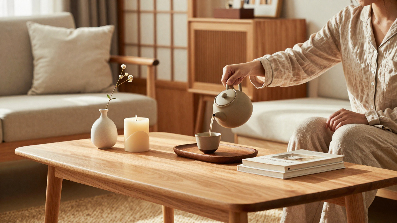 Person pouring tea into a cup on a wooden tray on a light wooden coffee table in a cozy living room.