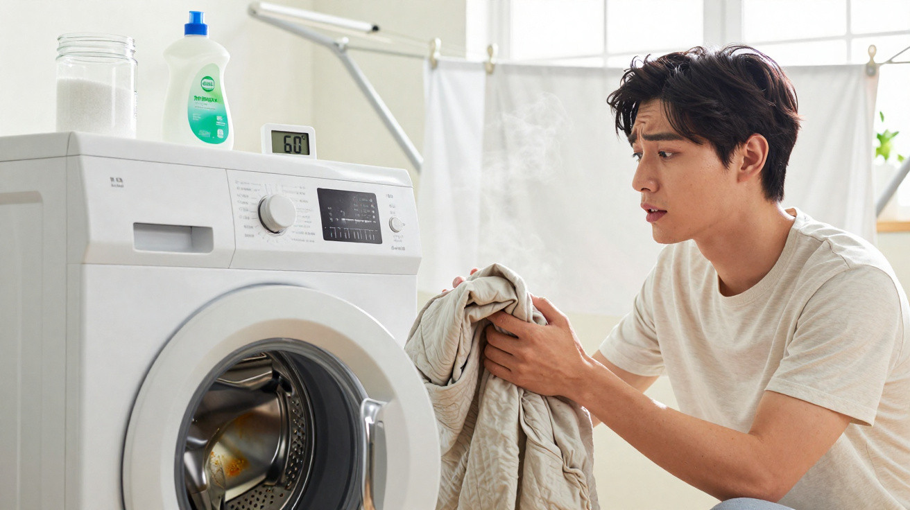 Man inspecting a steaming garment taken out of a front-loading washing machine in a bright laundry room.