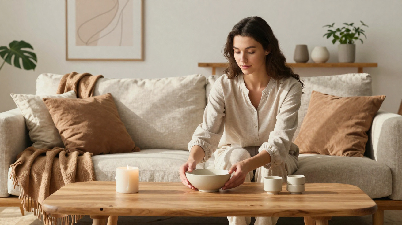 Woman placing a bowl on a wooden coffee table in a cosy, neutral-toned living room with cushions and a plant.