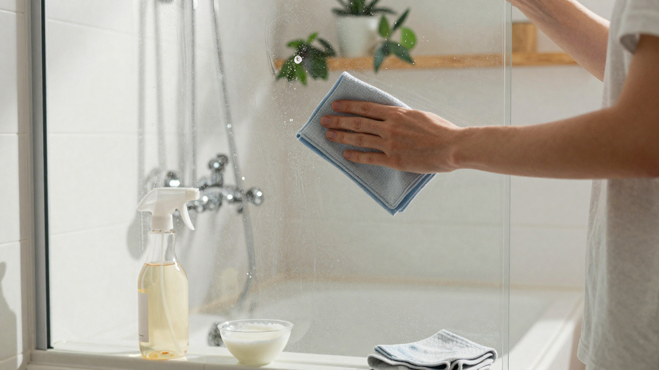 Person cleaning a glass shower door with a blue cloth and cleaning spray bottle nearby.