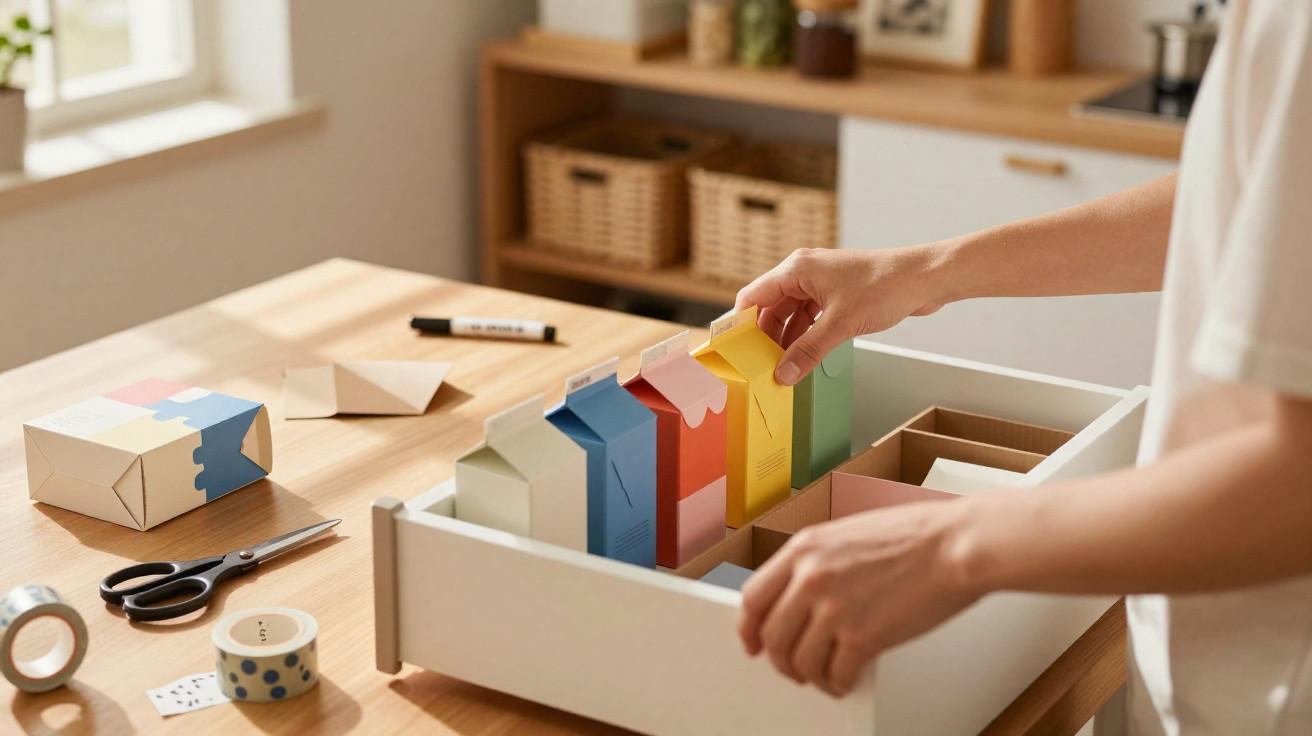 Person organising colourful cardboard boxes in a wooden drawer on a tidy table with stationery nearby.