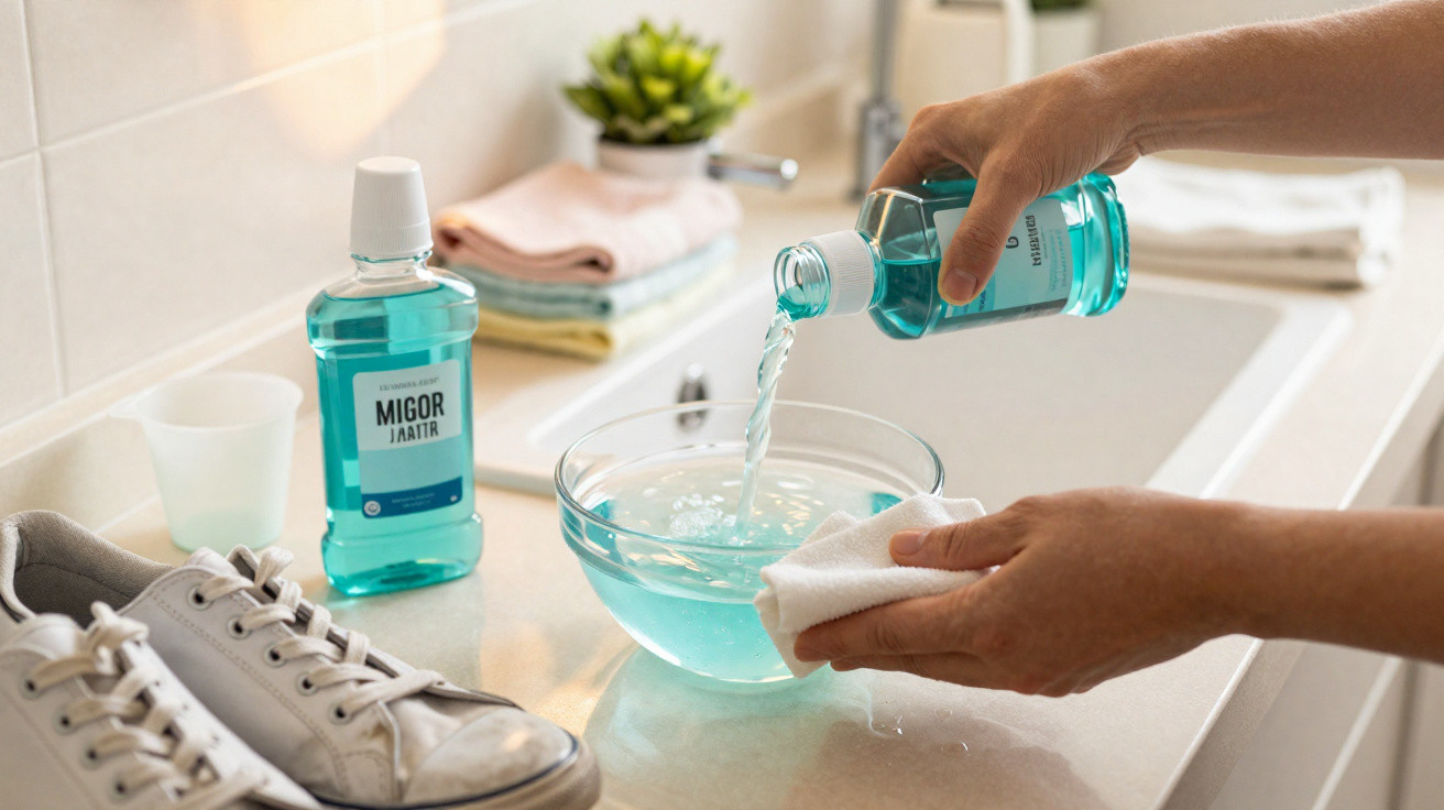 Person pouring blue mouthwash into a bowl with white sneakers and folded towels on the counter.