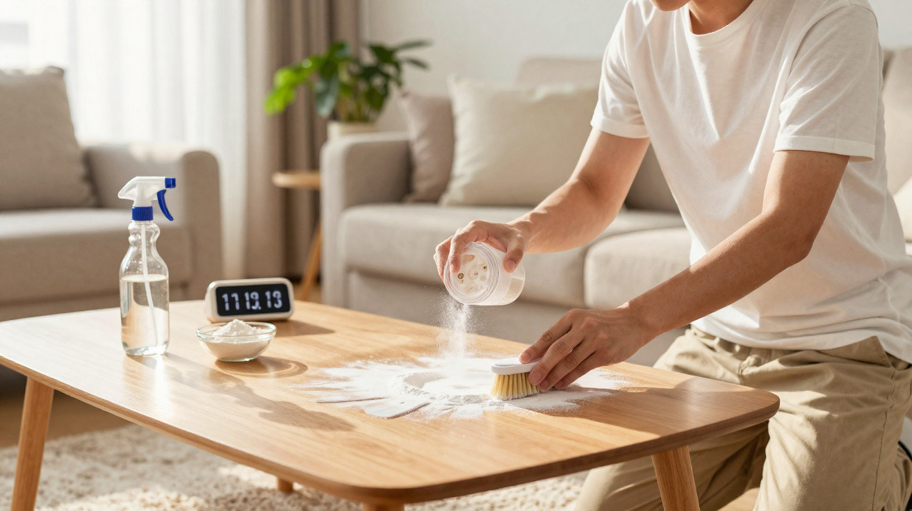 Person sprinkling powder on a wooden coffee table with a brush and cleaning supplies nearby in a living room.