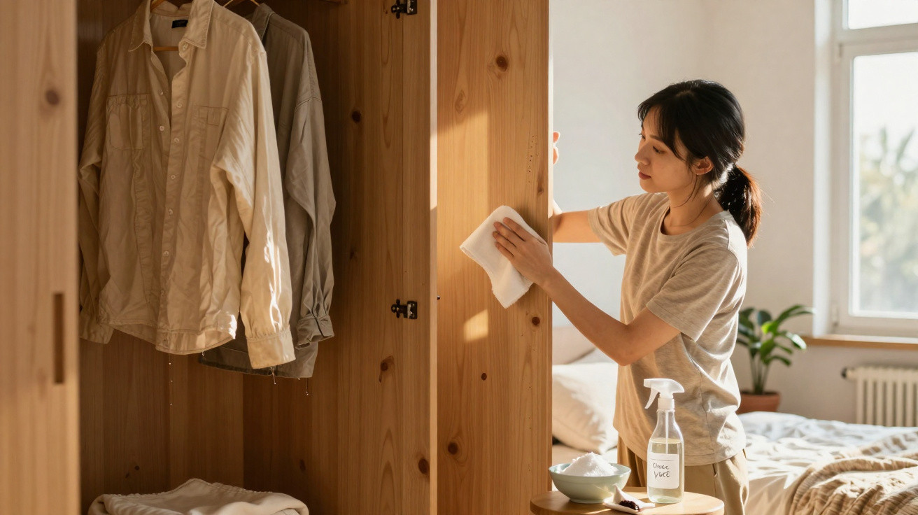 Woman cleaning wooden wardrobe doors with cloth in a sunlit bedroom.