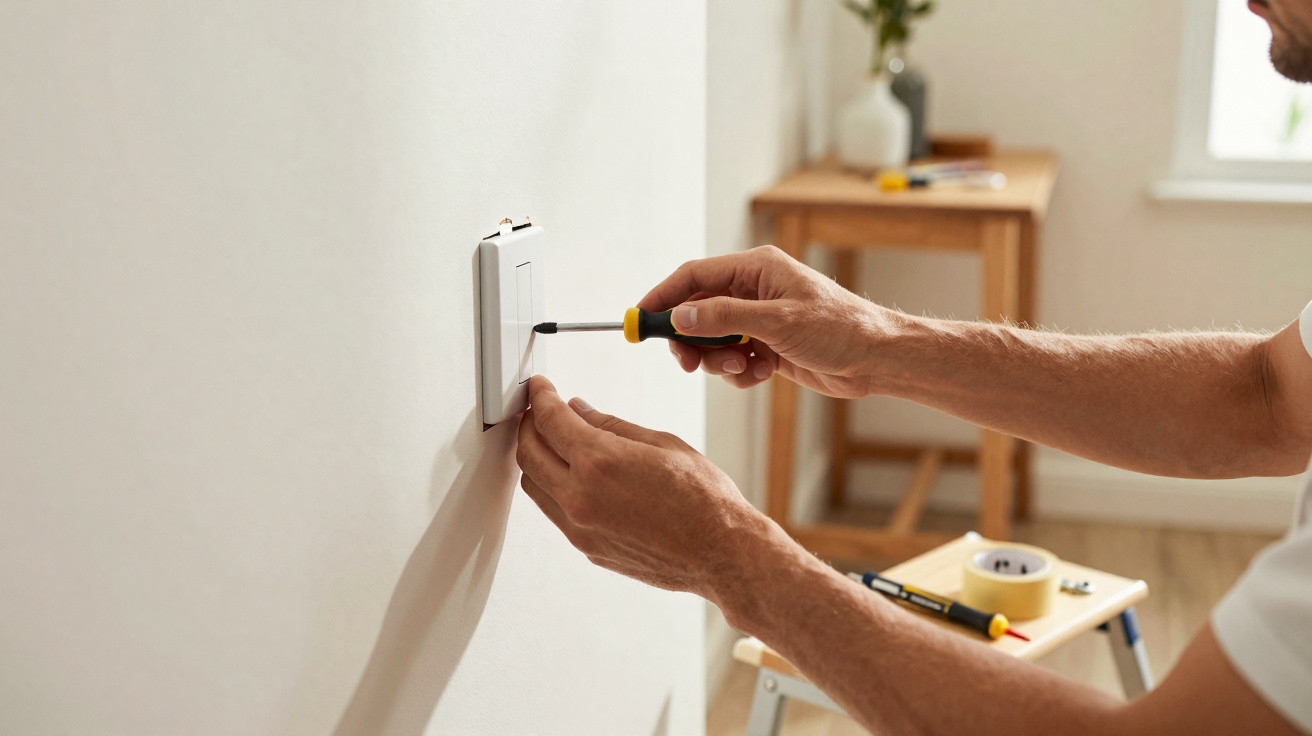 Person using a screwdriver to install or repair a light switch on a white wall inside a room.