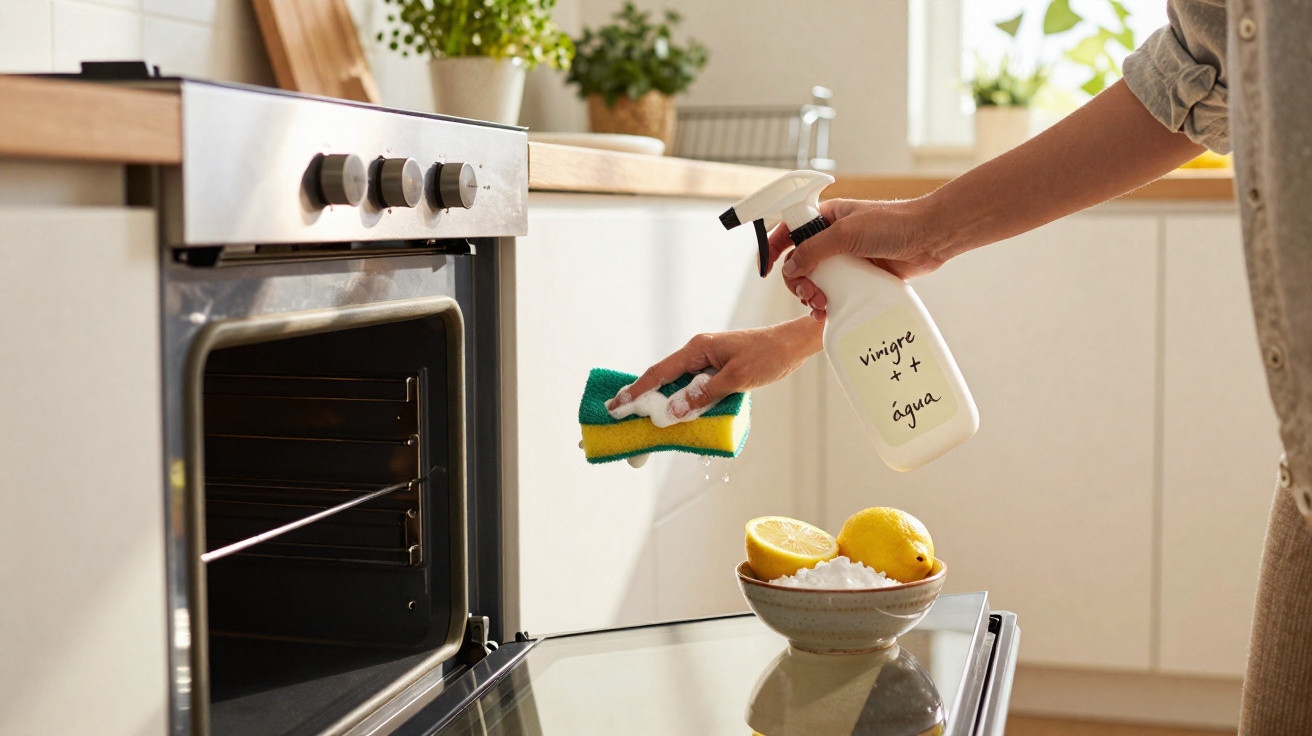 Person cleaning open oven door with vinegar and water spray and sponge in bright kitchen