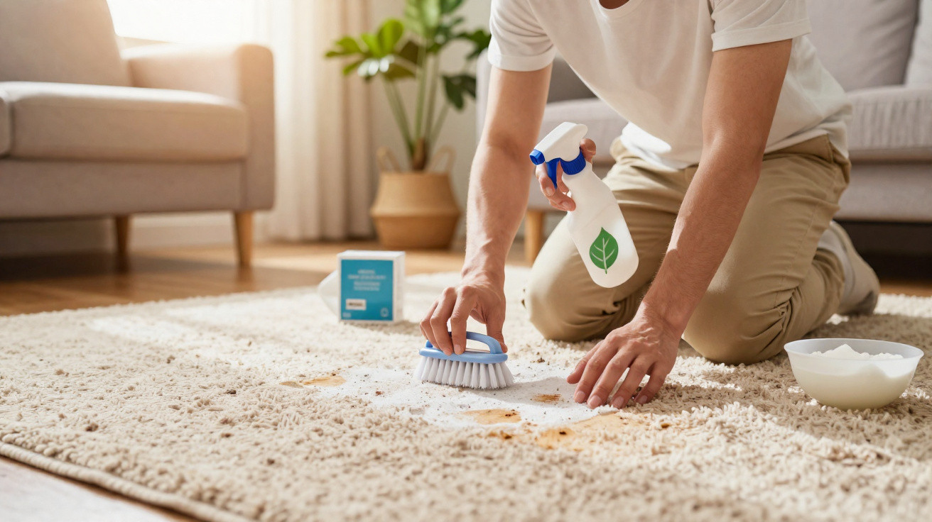 Person cleaning a spill on a beige carpet using a scrub brush and eco-friendly spray bottle in a living room.