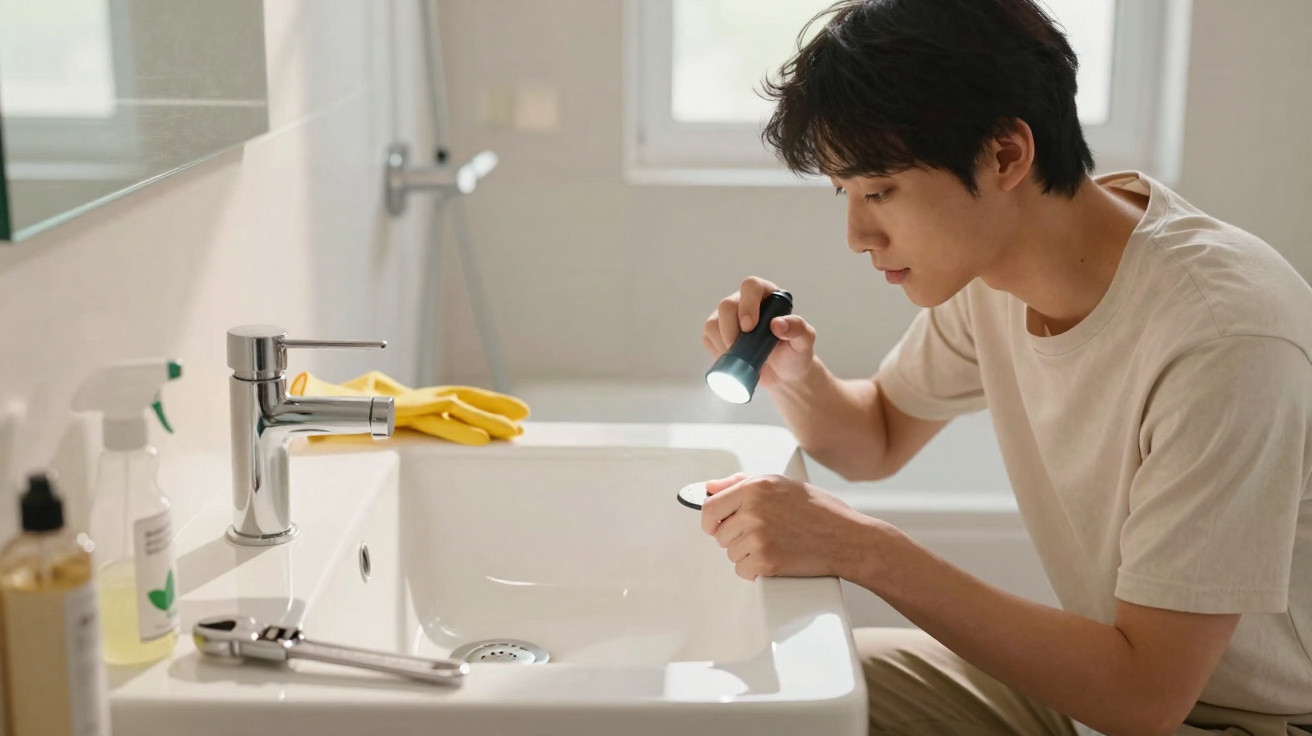 Young man inspecting bathroom sink drain with a flashlight, with cleaning supplies nearby and yellow gloves on the counter.