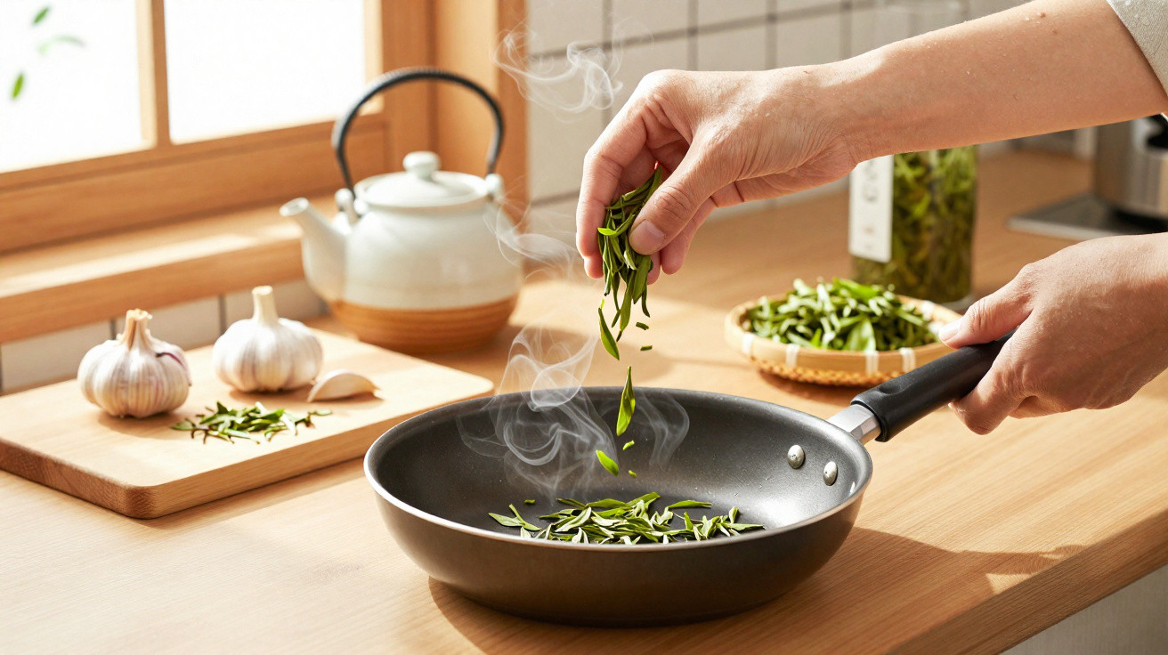 Hand sprinkling fresh green leaves into a steaming frying pan on a wooden kitchen counter.
