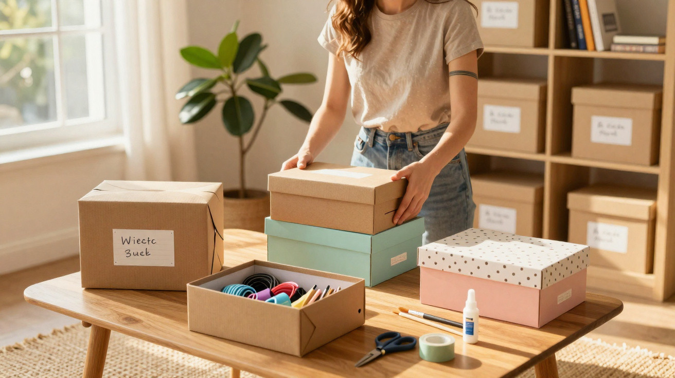 Person organising labelled cardboard boxes on a wooden table in a bright, neatly arranged room.
