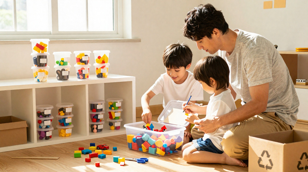 Father and two sons playing with colourful building blocks in a sunlit room with organised storage bins.