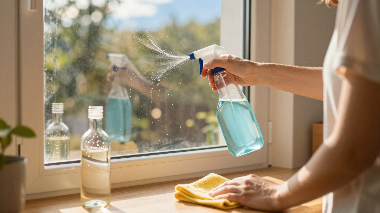 Person spraying blue cleaning solution on a window with a cloth on the windowsill.