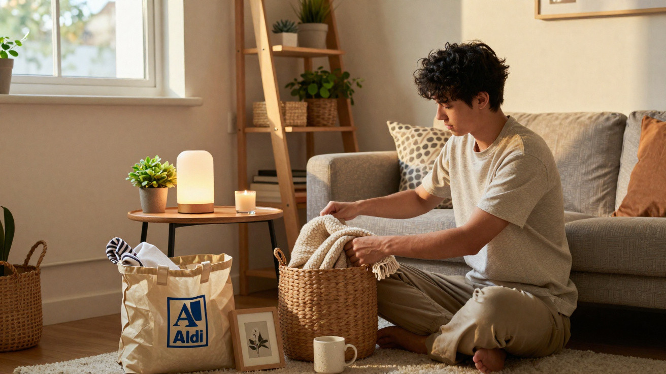 Young man sitting on the floor folding laundry near sofa in a cosy, well-lit living room.