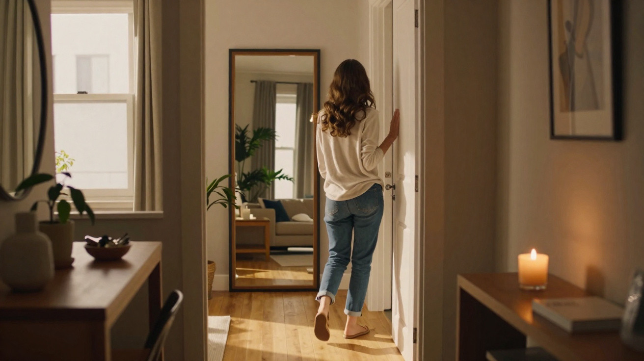 Woman with curly hair wearing a cream top and jeans walking through a cosy, softly lit home hallway.