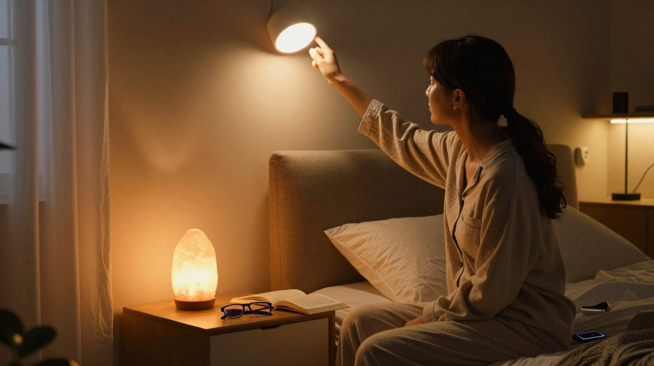 Woman in pajamas turning on wall light beside bed with salt lamp and book on nightstand at night