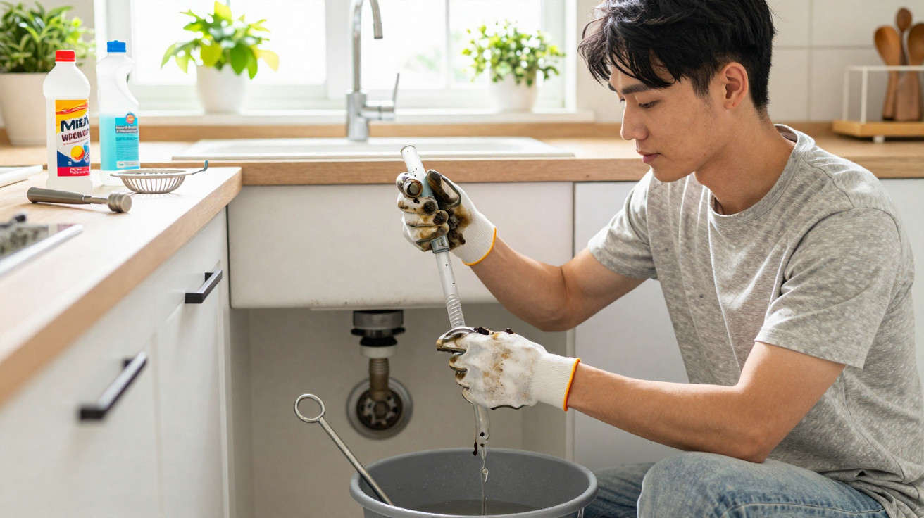 Man wearing gloves unclogging kitchen sink with a drain snake tool into a grey bucket