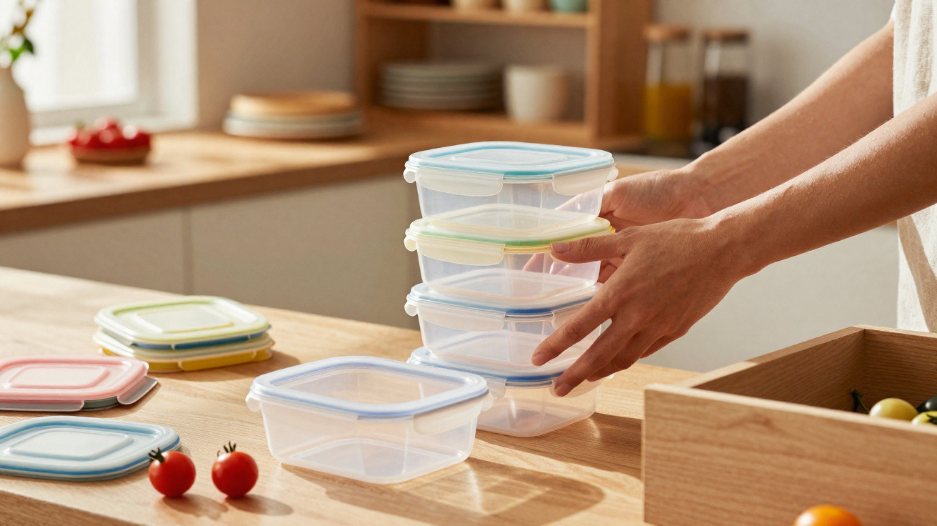 Hands stacking clear plastic food storage containers with coloured lids on a kitchen counter next to tomatoes and container l