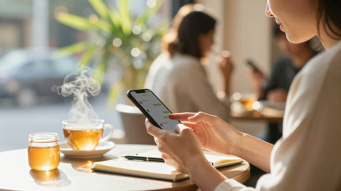 Person using smartphone at a café table with a steaming cup of tea, jar of honey, and notebook.