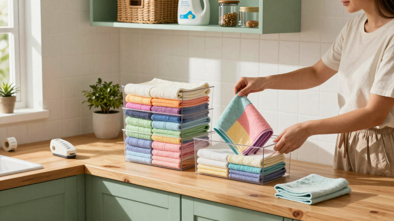 Person organising colourful folded towels in clear plastic containers on a wooden kitchen counter.