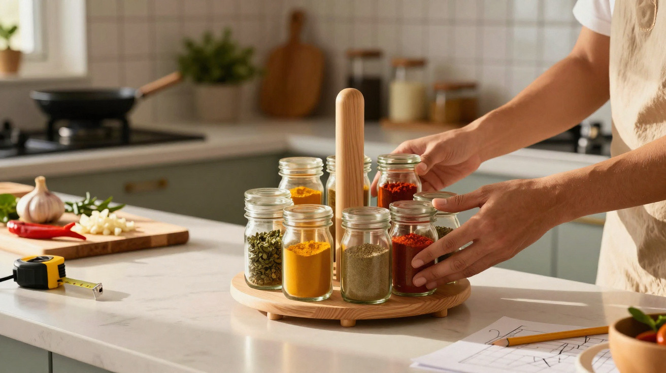 Hands organising a wooden spice rack with glass jars of colourful spices in a modern kitchen.