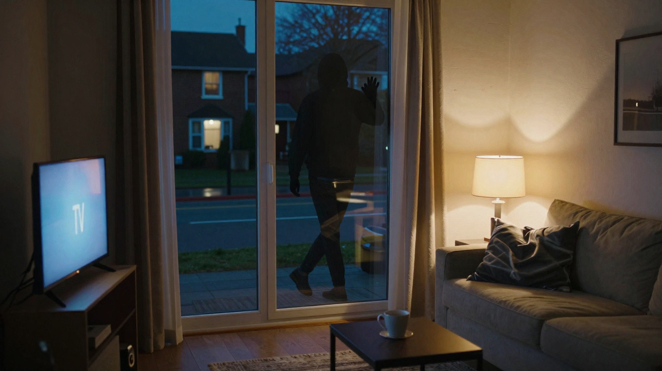 Shadowy figure outside a dark living room window at night with the TV on and a lamp lit inside.