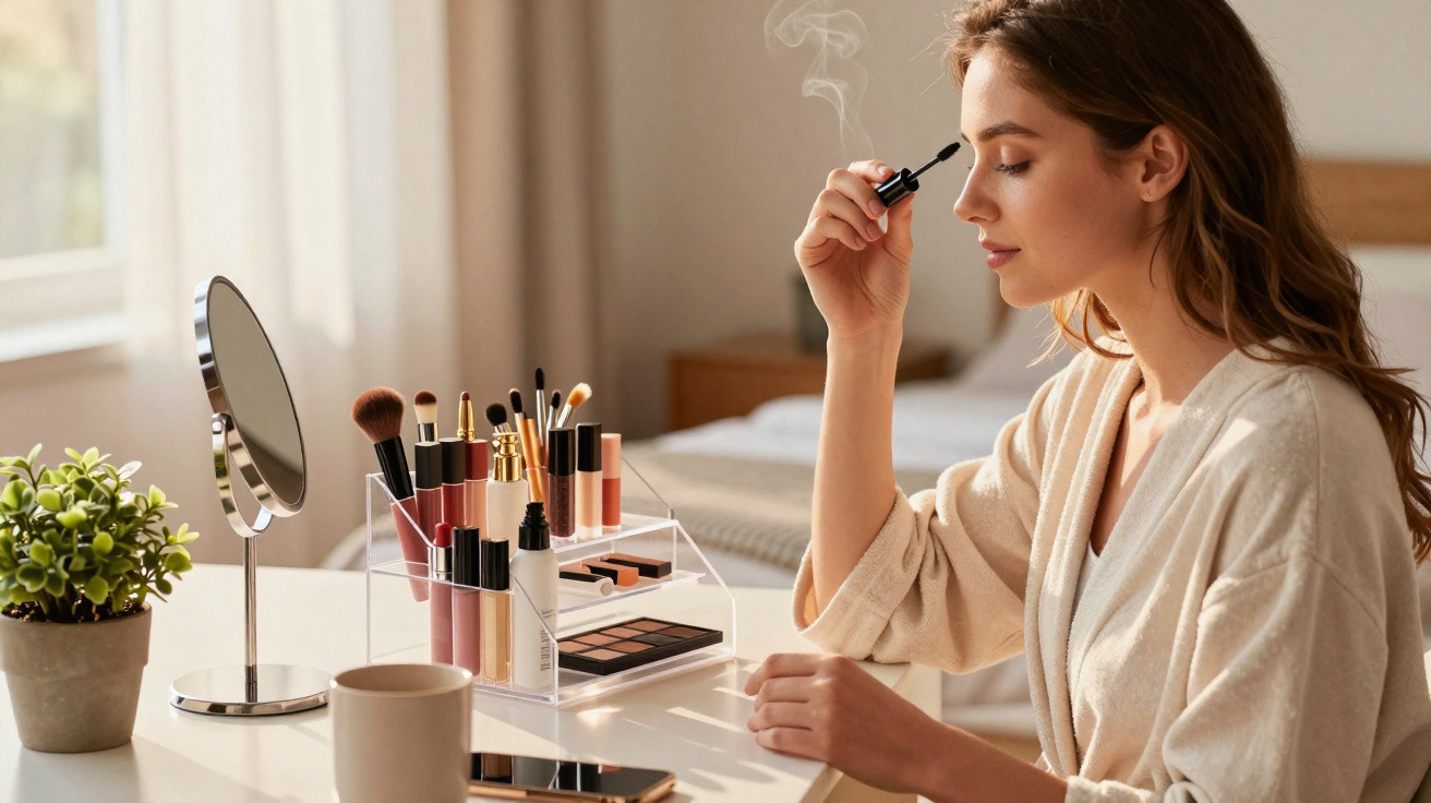 Woman applying mascara at a vanity table with makeup products and a round mirror beside a window.