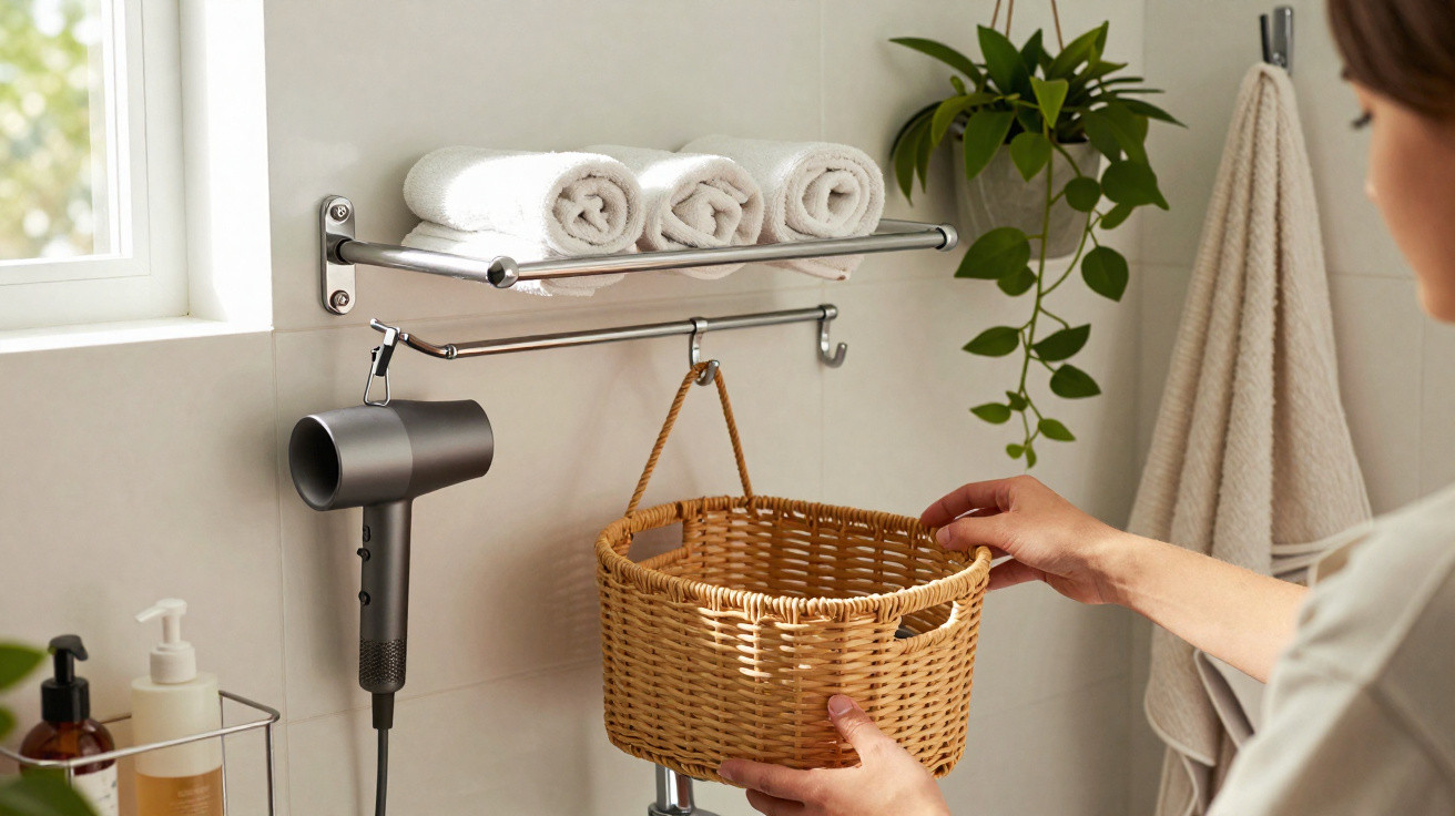 Person placing a wicker basket on a bathroom wall rack with rolled white towels and a hairdryer nearby.