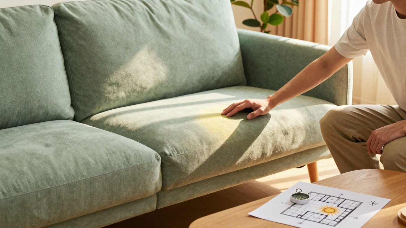 Person touching the seat of a green sofa in a sunlit room with a table and a paper maze game nearby.
