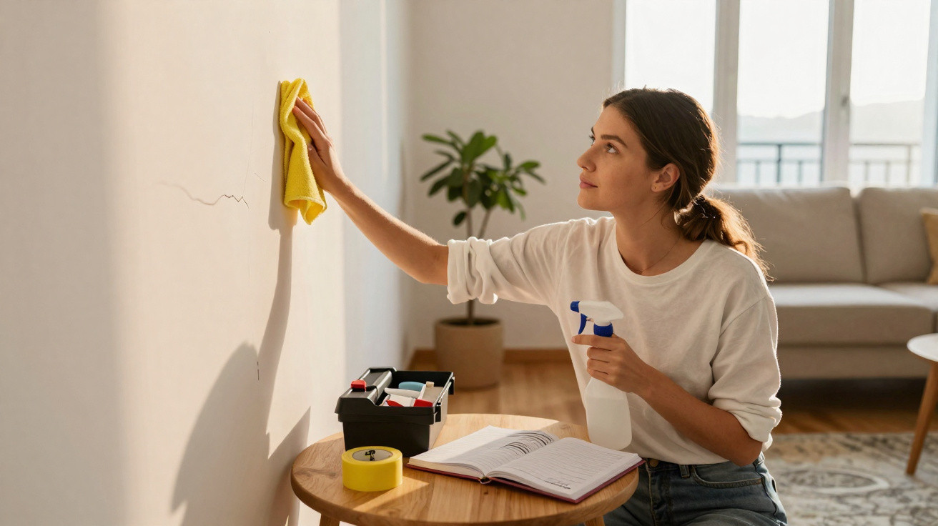 Woman cleaning a wall crack with a cloth and spray inside a living room during daytime.