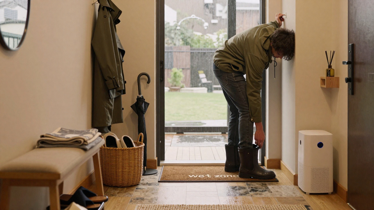 Person wearing a green jacket putting on black boots in a hallway next to a door leading to a garden on a rainy day.